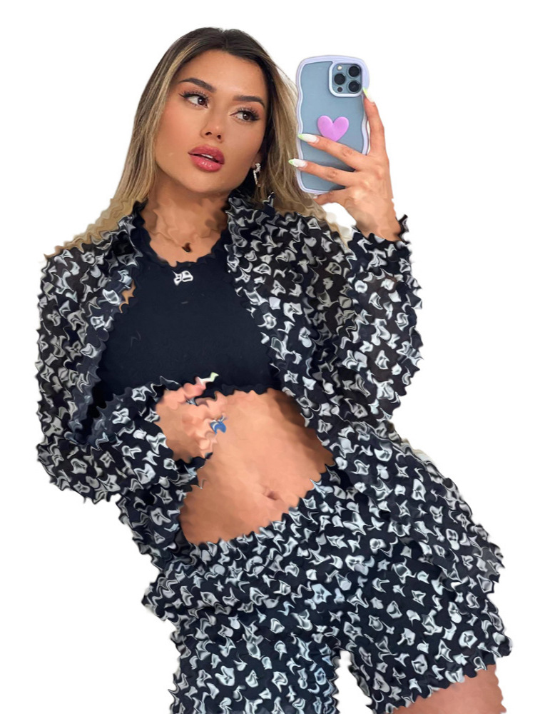 Y71599 European and American Clothing Wholesale Amazon New Fashion Printing Light Pocket Long-Sleeved Shorts 2-Piece Set