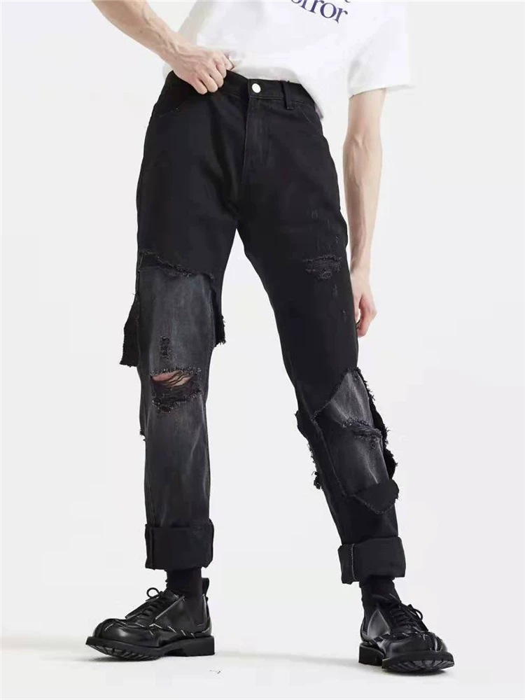 Raf Simons Black Distressed Deconstructed Patchwork Jeans