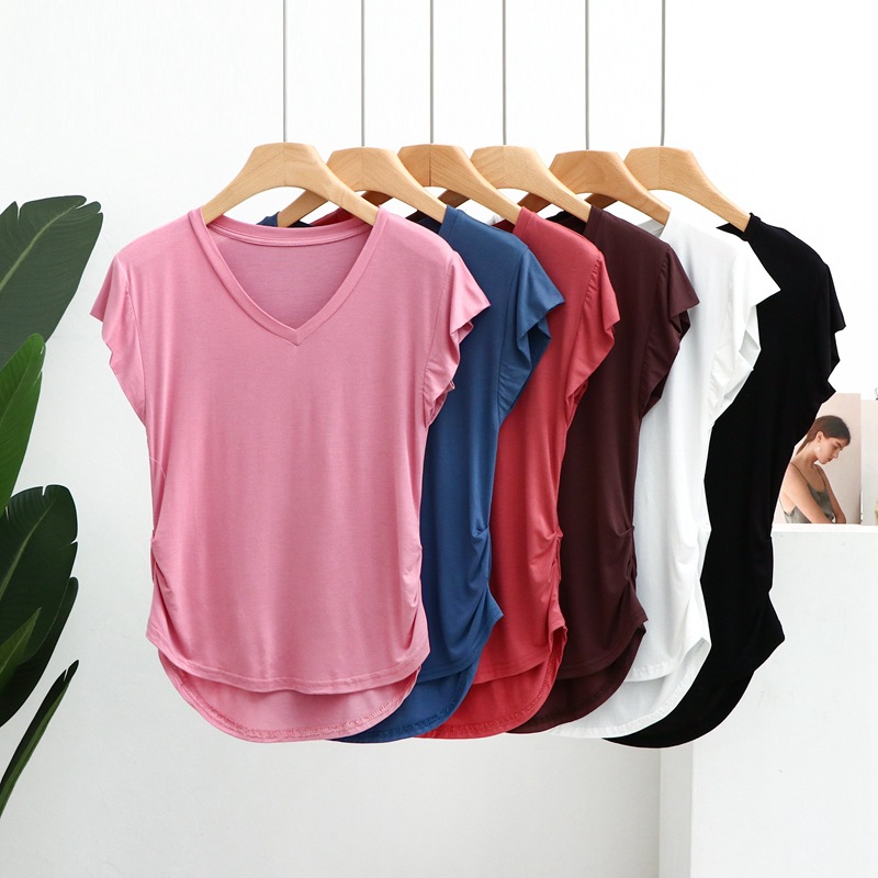 Modal Flying Sleeve T-shirt Women's Summer Thin Design Niche Slim-fit V-neck Irregular Short Sleeve Top