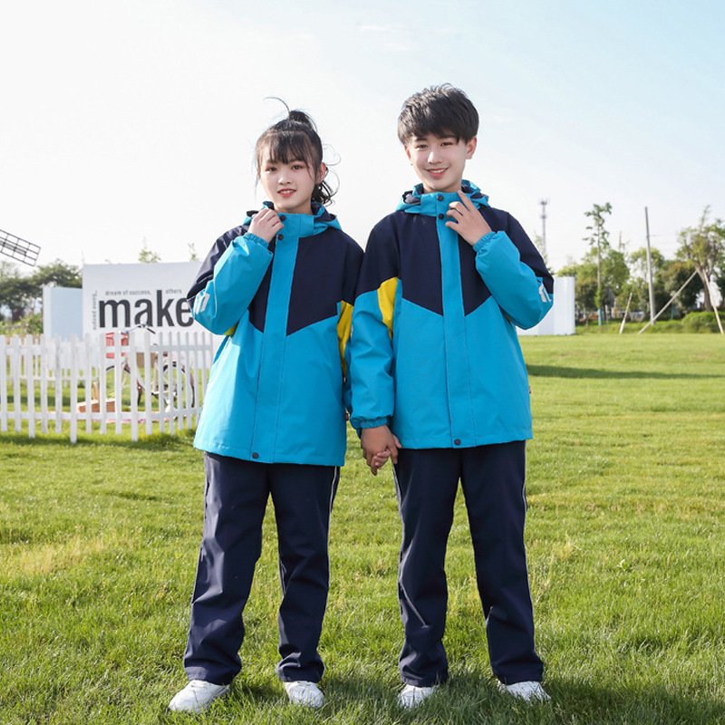 Autumn and Winter Three-In-One Children's School Uniform Jacket Two-Piece Set, Windproof and Waterproof with School Logo Print, Three-In-One Thermal Insulation