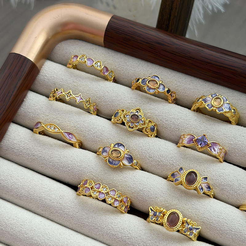 Vintage Court-Style Light Luxury Retro Floral Auspicious Cloud Purple Enamel Open Ring Niche Stackable for Women