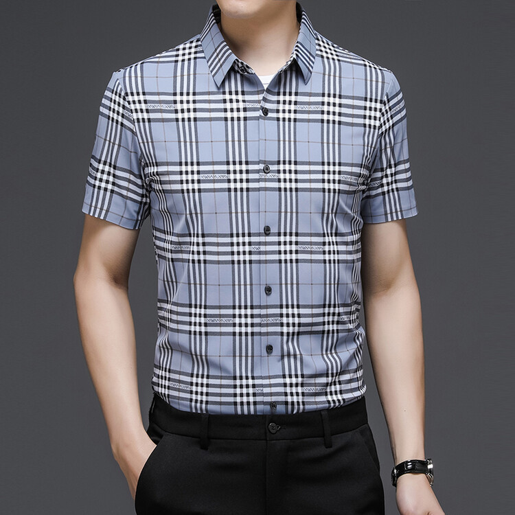 Korean Style Casual Loose Men's Polo 2023 Summer New Style Young and Middle-Aged Men's Fashionable Seamless Plaid Shirt