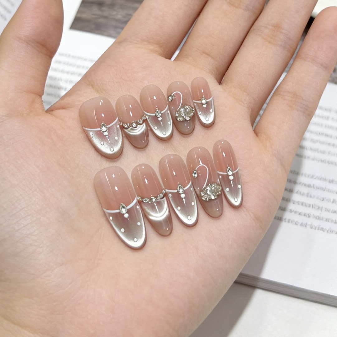Nai Zi Handmade Wearable Nails Autumn/Winter New Style Wearable Nails White Swan French Style Zircon Elegant Nail Stickers
