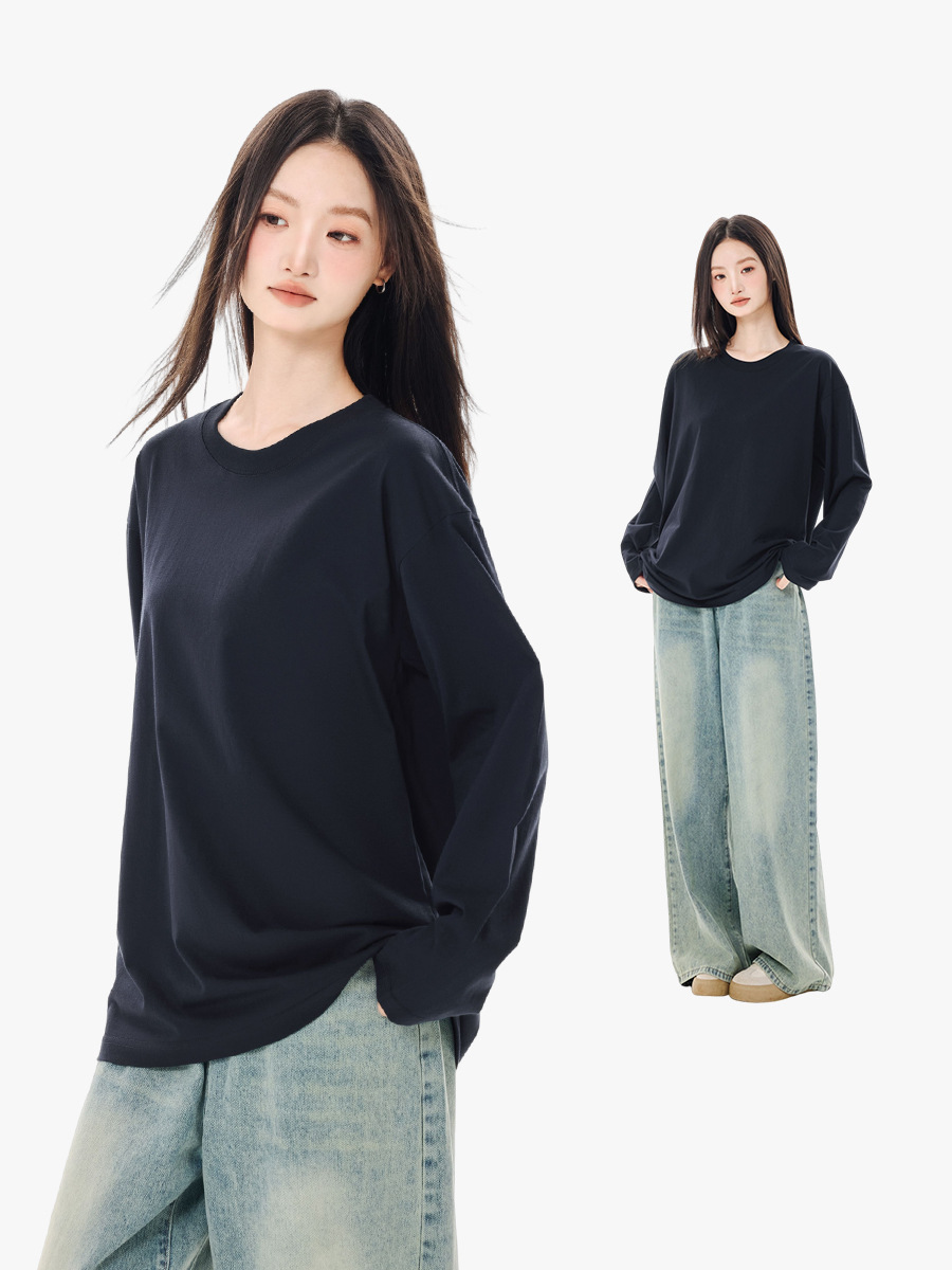 New solid color cotton long sleeve bottoming shirt women's heavyweight 230g loose ladies casual inside and outside wear T-shirt jacket