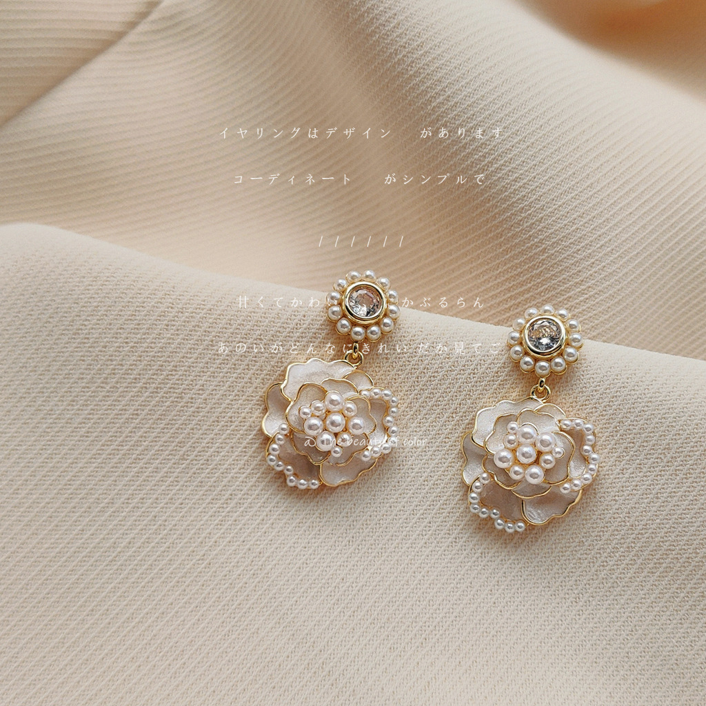 Pure Desire Style~Silver-Plated Camellia Pearl Earrings for Women, Korean Dongdaemun Super Fairy High-End Earrings, Ear Accessories