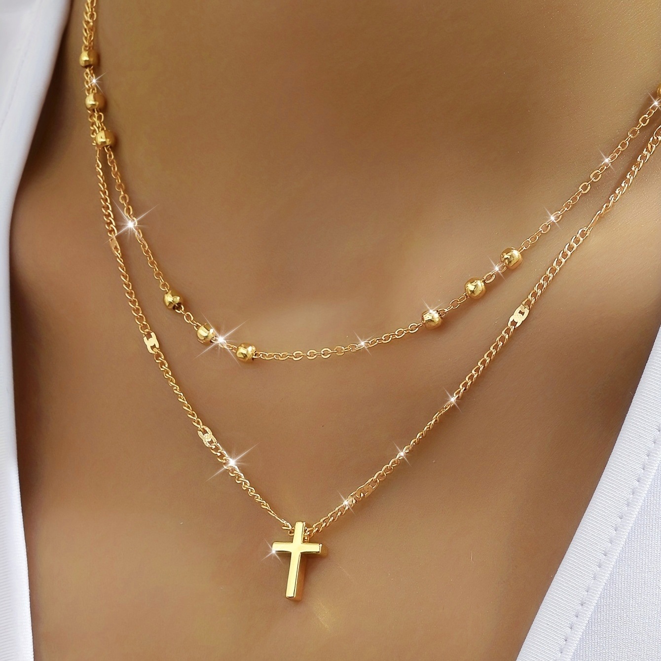European and American Cross-border Hot Selling Personality Trend Stackable Cross Double-layer Necklace Golden Bead Chain Clavicle Chain