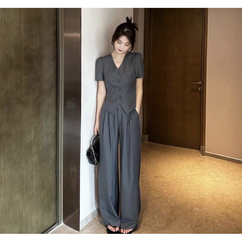 Chanel-Style Elegant Professional Suit 2026 Summer New Slim-Fit Short-Sleeve Top Casual Wide-Leg Pants Two-Piece Set for Women