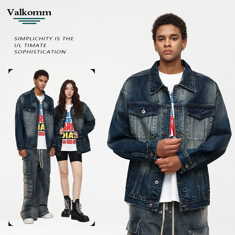 Laike Men's American Style Denim Jacket Autumn Retro Men's Trendy Loose Casual Gradient Denim Jacket Coat for Men