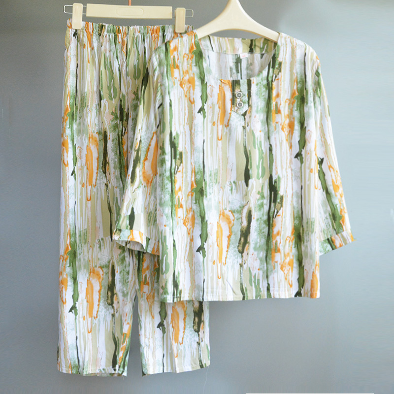 2025 Cotton Silk Pajamas for Women Summer Thin Cotton Silk Home Clothes for Middle-Aged and Elderly People Pullover 7-Quarter Sleeves Can Be Worn Outside the Suit