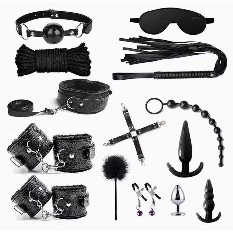 Foreign trade leather supplies plush 14-piece set sexy adult binding binding back court anal plug combination factory wholesale