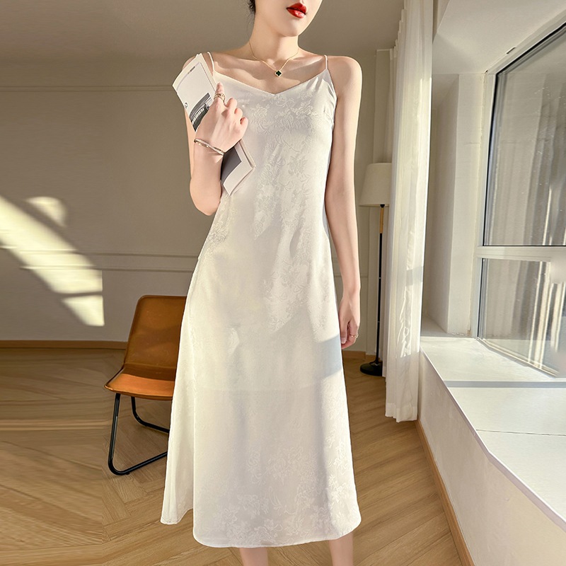 Summer Jacquard V-Neck Silk Camisole Dress, Acetate Satin Over-The-Knee A-Line Slimming Base Camisole Long Dress