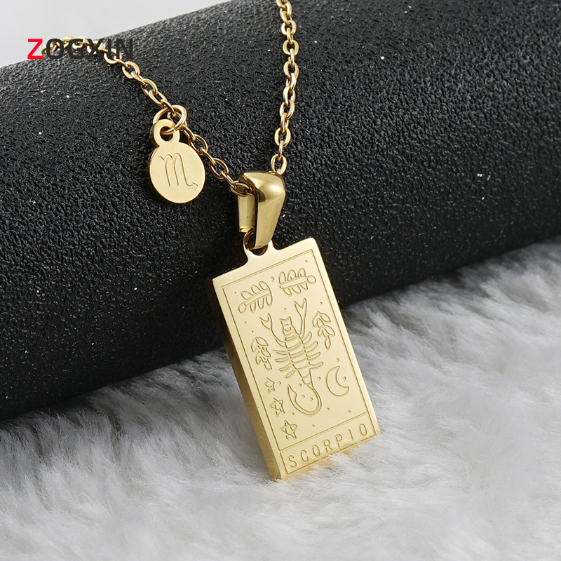 European and American Cross-border Stainless Steel 12 Constellation Necklace Female 18K Exquisite Square 12 Constellation Titanium Steel Hangtag Clavicle Chain