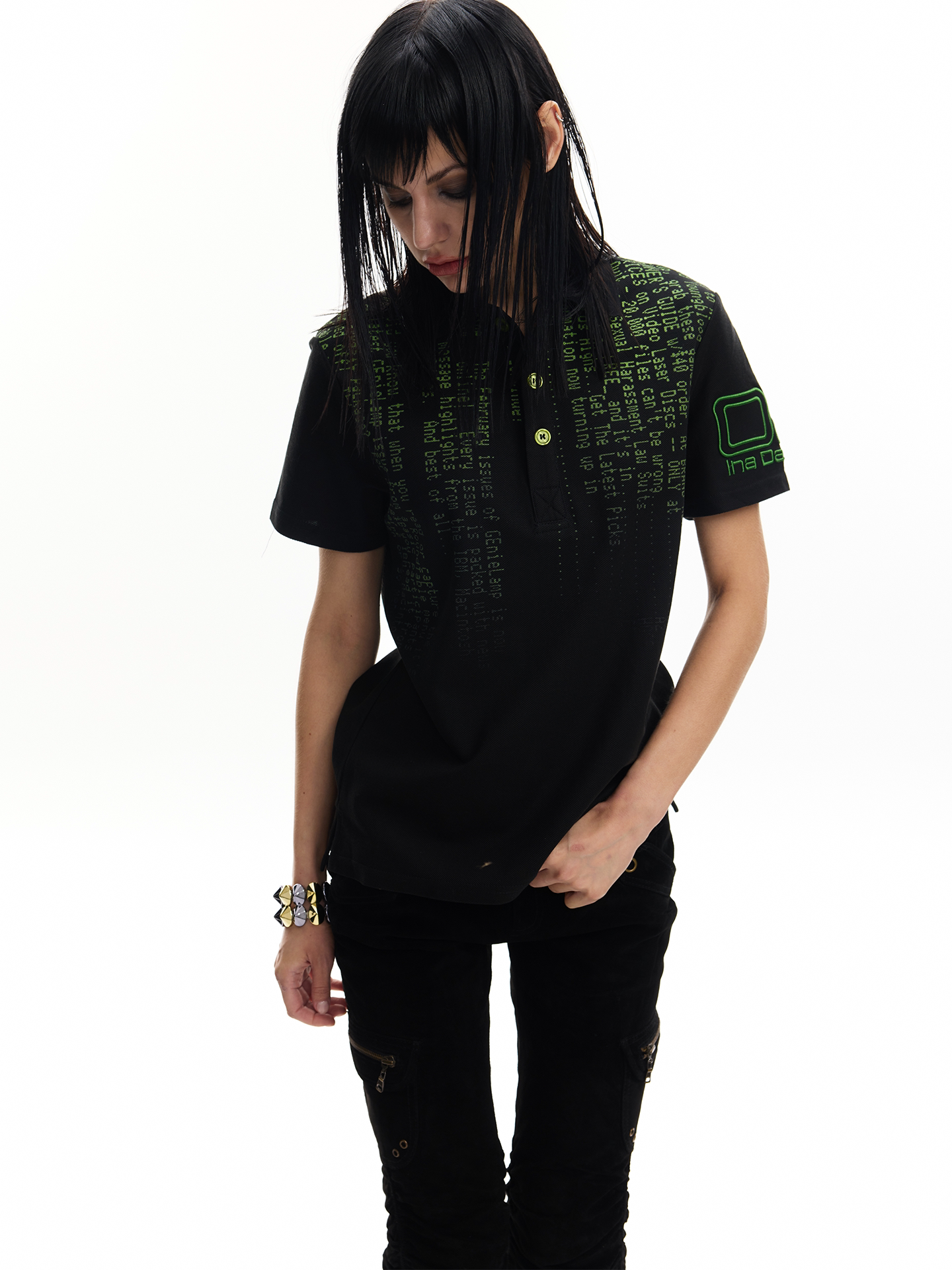 No E Mosen(Noe)'G-Code' Digital Terminal Gradient Print Black and Green Regular Shoulder Polo Short Sleeve Foto QC de TAOBAO na Qualit.ly