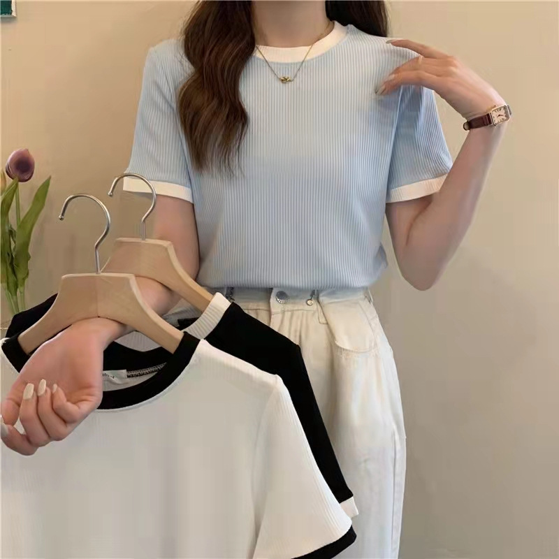 Threaded Short-Sleeved T-Shirt for Women 2024 Summer New Pure Color Inner Elastic Slim Large Round Neck Thin T-Shirt Top