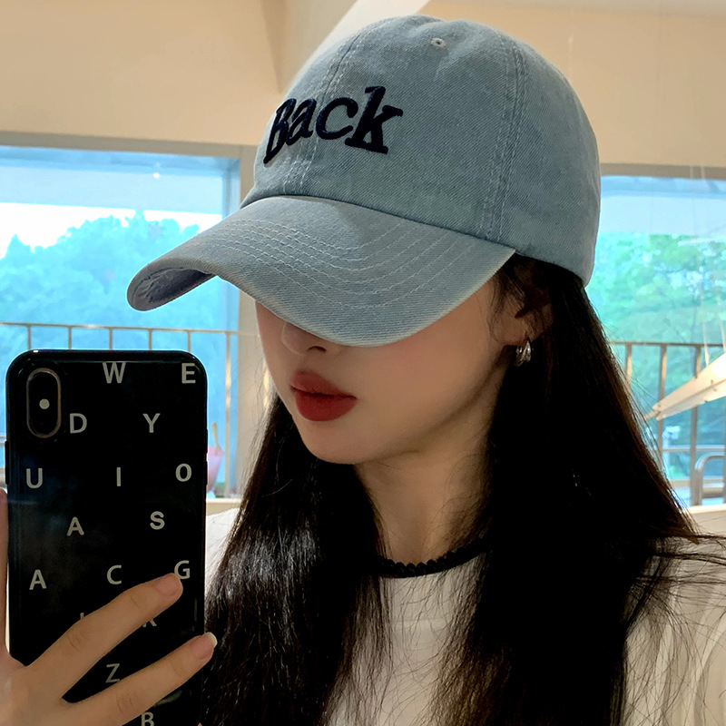 Korean Style Popular Color Embroidered Baseball Cap New Style Denim Blue Washed College Style Shown Face Small Sunshade Duck Tongue Hat