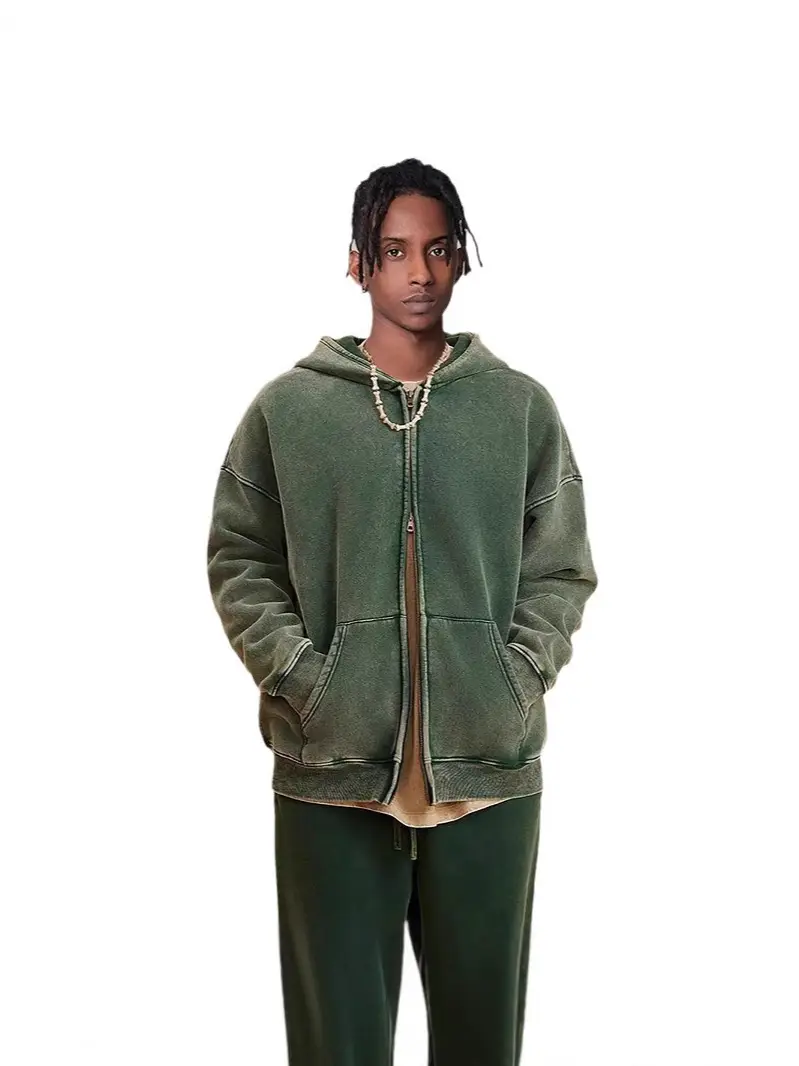 Cross border autumn and winter American fashion washed hoodie hooded cardigan retro velvet double zipper hoodie men's loose hoodie