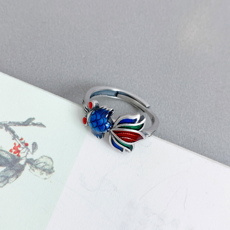 Goldfish ring female adjustable Chinese style Small Fish Koi ring enamel crafts gift