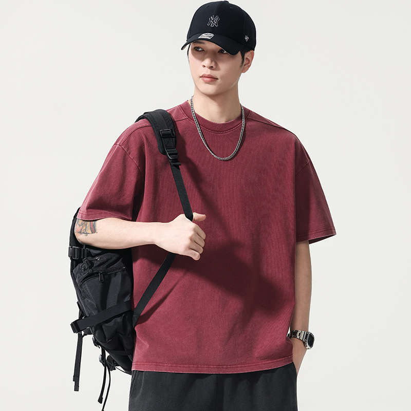 T2860 | Plus-Size Men's Summer New Pure Cotton Patchwork T-Shirt, Loose Trendy Retro Washed Vintage Short-Sleeve.