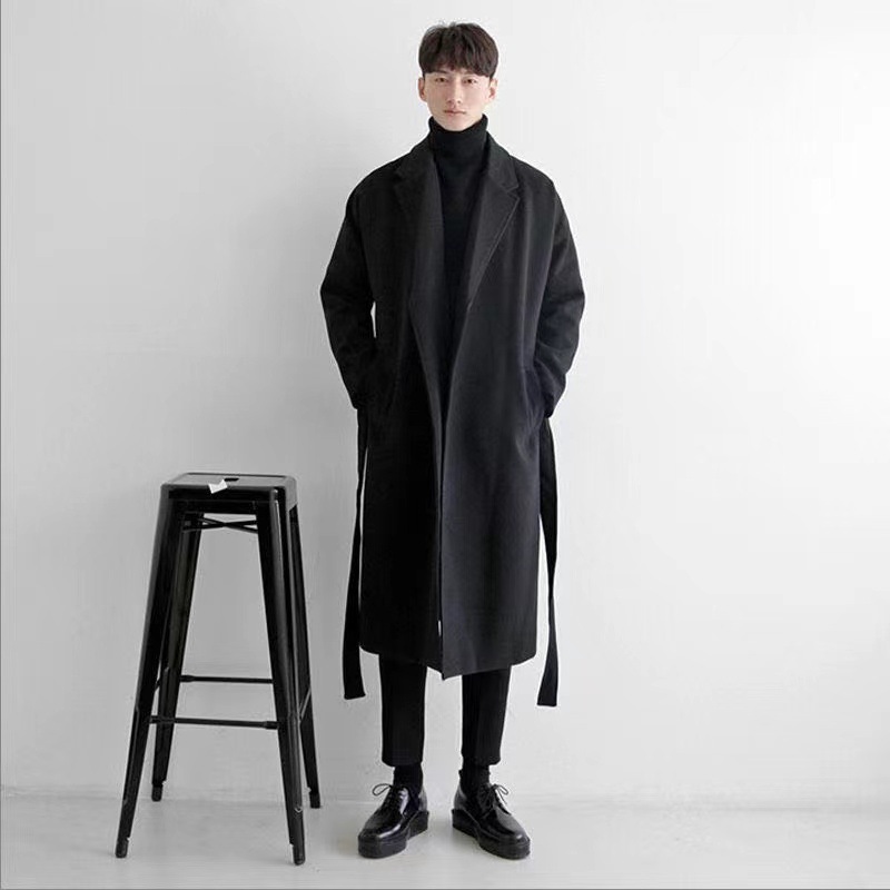 Black Woolen Coat Men's Middle School Long Knee-Crossing School Windbreaker Spring and Autumn Casual Coat Superior Design