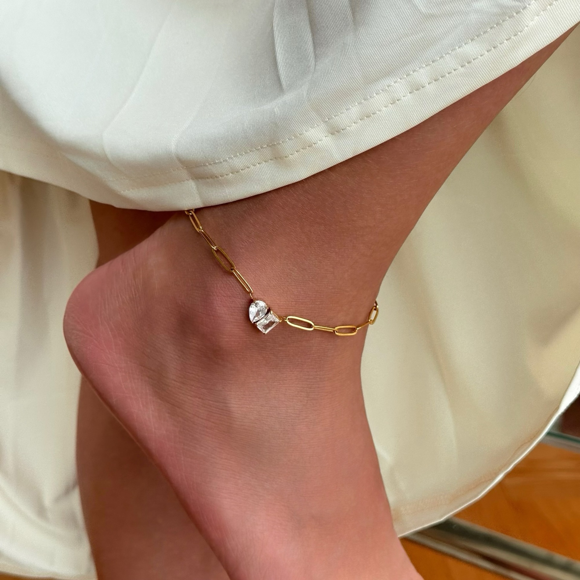 Dazan European and American Summer Hip-Hop Ins Retro 18K Gold-Plated Titanium Steel Versatile Simple Style Pear-Shaped Square Zircon Anklet