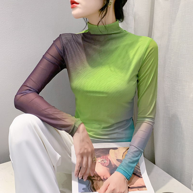 Autumn and Winter new T-shirt women's fashion sexy western style long sleeve half turtleneck mesh printed top bottoming shirt fashion