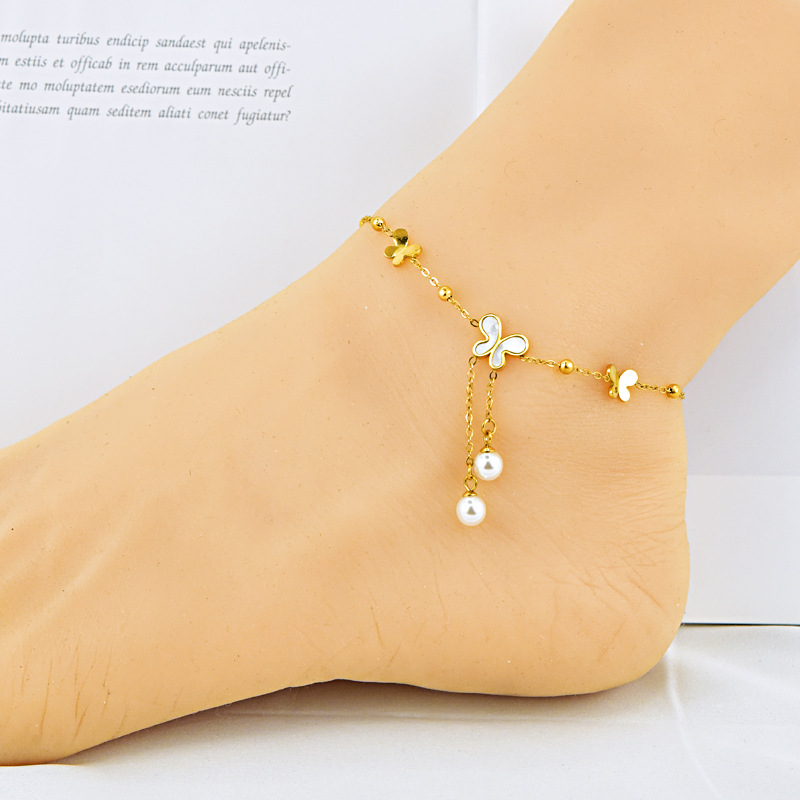Korean fashion new white shellfish butterfly tassel anklet titanium steel non-fading girl anklet Tanabata Valentine's Day gift