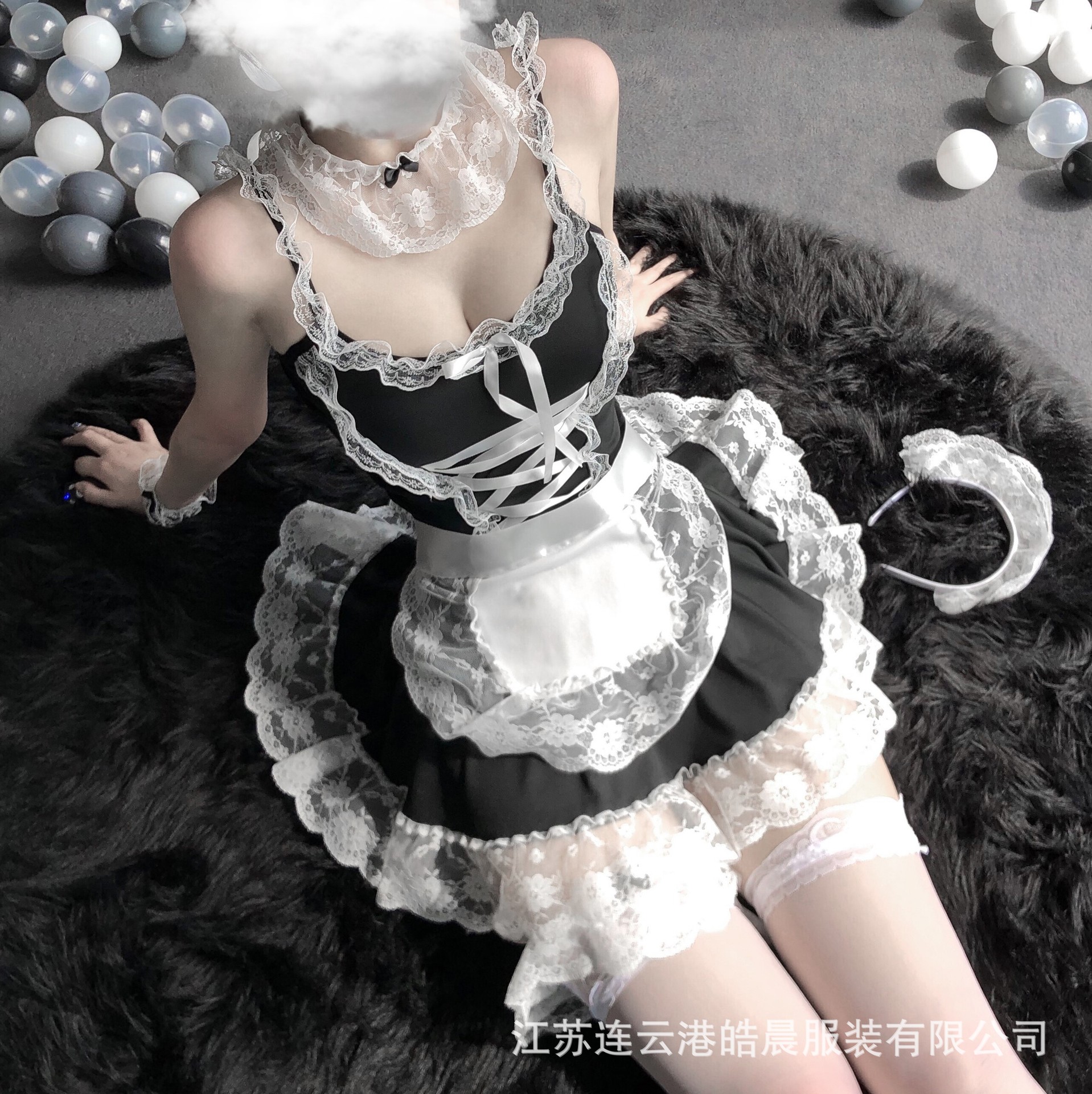Linlinting Sexy Lingerie Sexy Maid Outfit Uniform Cosplay Lace Deep V Hollow Set 2-8003