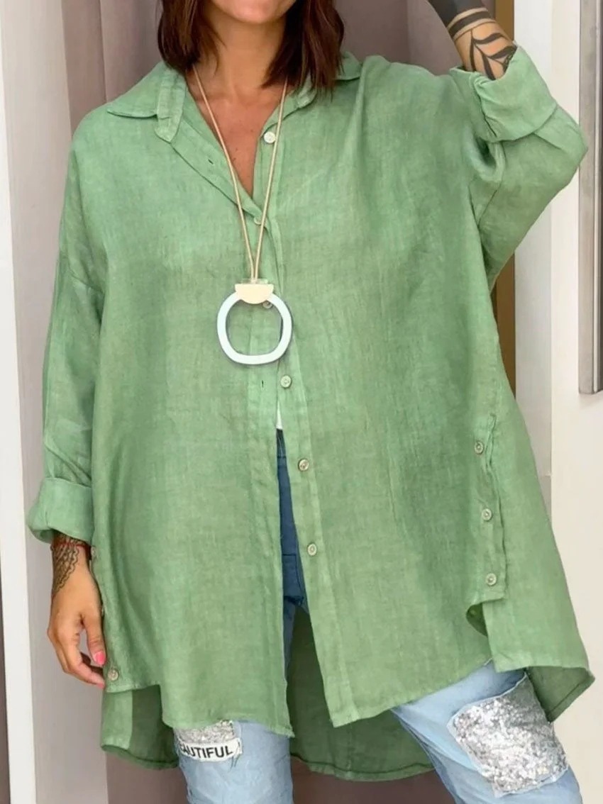 Amazon's New 2026 European and American Cross-Border Summer Solid Color Women's Loose-Fitting Regular Nine-Quarter Sleeve Cotton and Linen Shirt