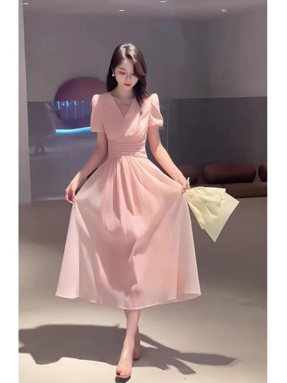 Sweet 2025 Summer New Hepburn Style Lightweight Long Dress Tight Waist dress Slimming High Elegant French Style Skirt