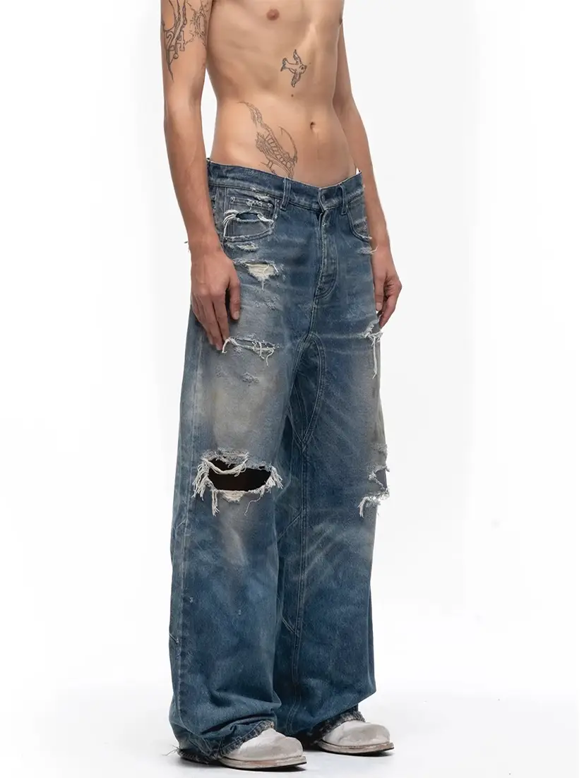 No Faith Studios 25ss ripped washed and frayed wide leg pants Baggy Machete jeans men's