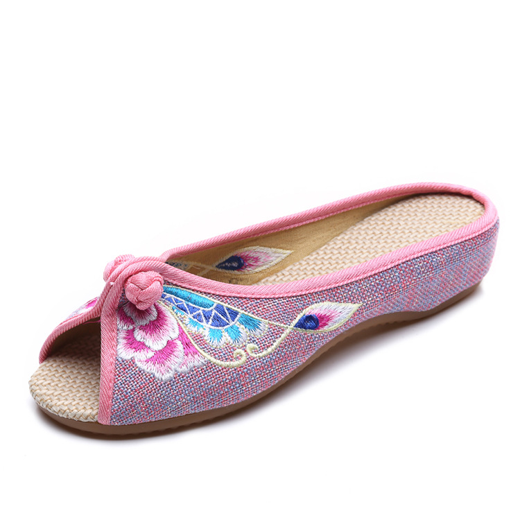 Slippers Spring and Summer Linen Embroidered Fish Mouth Outer Wear Sandals with Buckles Cloud Head Butterfly Embroidered Women's Shoes