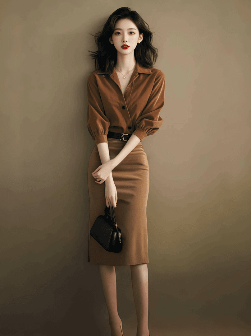 Meilade's Outfit Is a Complete Set of Light Luxury and High-End Style, Featuring a Coffee-Colored Shirt and a Skirt, Two-Piece Set for Spring and Autumn with Long Sleeves
