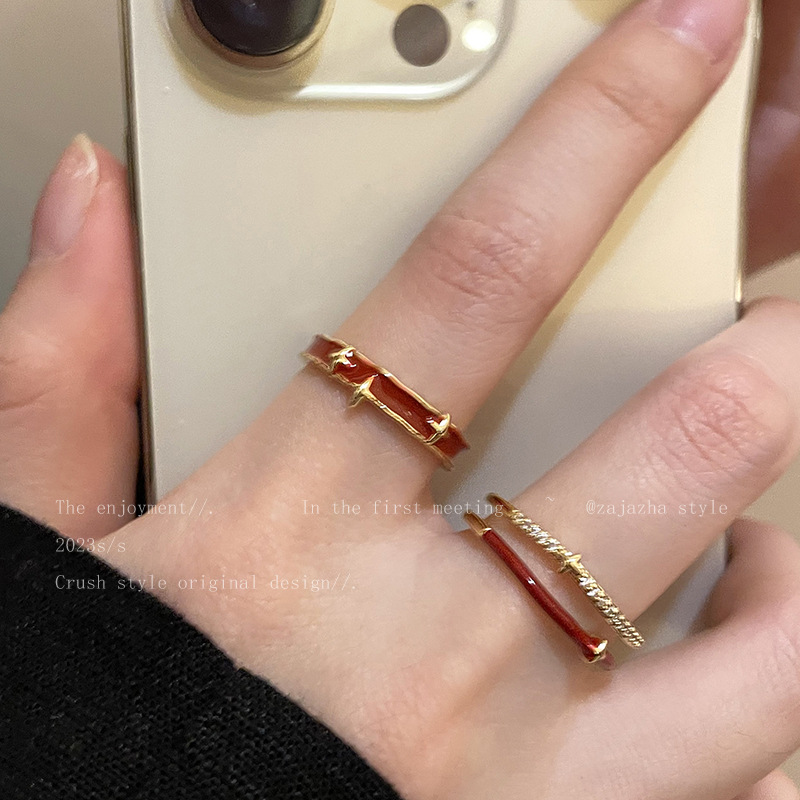 2024 New New Year Festive Red Star Glaze Ring Women's Niche Finger Ring Retro Hong Kong Style Opening Ring