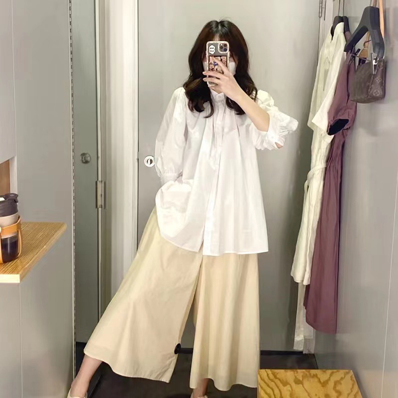 Cos Style 2024 New Summer Style Loose Version Elastic Waist and Ankle Pure Color Cotton Wide Leg Pants Women's Culottes Versatile