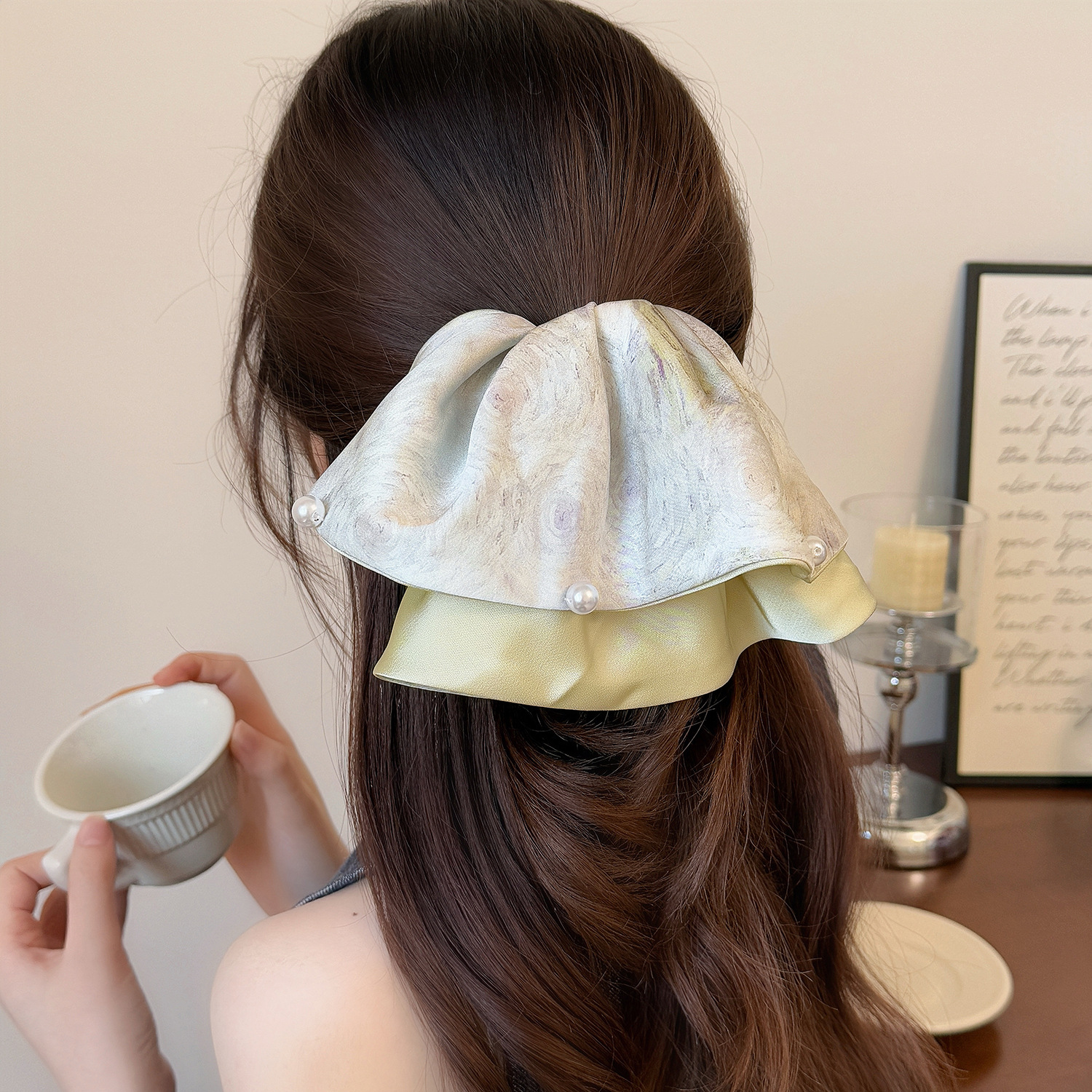 Yellow Printed Tie-Dye Skirt Ponytail Clip Pastoral Style Double-Layer Fabric Clip Fairy Fashion Versatile Hairpin Headdress