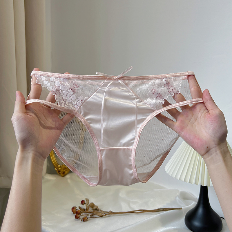 Sexy Thin Belt Hollow-out Underwear Girls Pure Light Luxury Satin Lace Gauze Low Waist Mulberry Silk Crotch Briefs