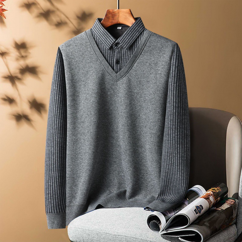 Dad sweater fleece-lined thickened men's middle-aged loose sweater middle-aged and elderly warm winter wear fake two-piece sweater men's clothing