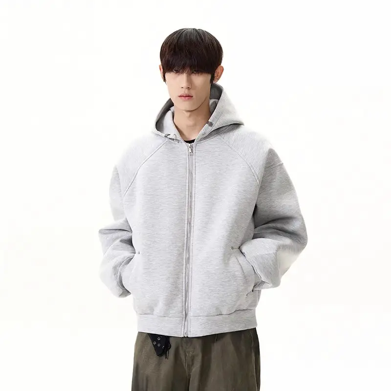 Light Gray Heavy weight 480g Zipper Hooded Cardigan Sweatshirt Men's Autumn and Winter Trendy Retro Loose Casual Outwear