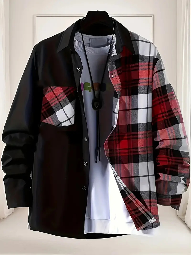 Cross-border Amazon Spring and Autumn European and American Men's Daily Leisure Color-matching Long-sleeved Lar Plaid Shirt