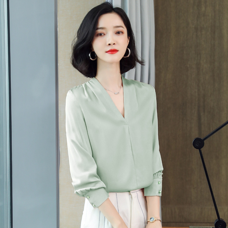 French-Style Green Silk Shirt, Spring and Autumn High-End Professional Elegant Shirt, V-Neck Spring Top, Mulberry Silk Shirt
