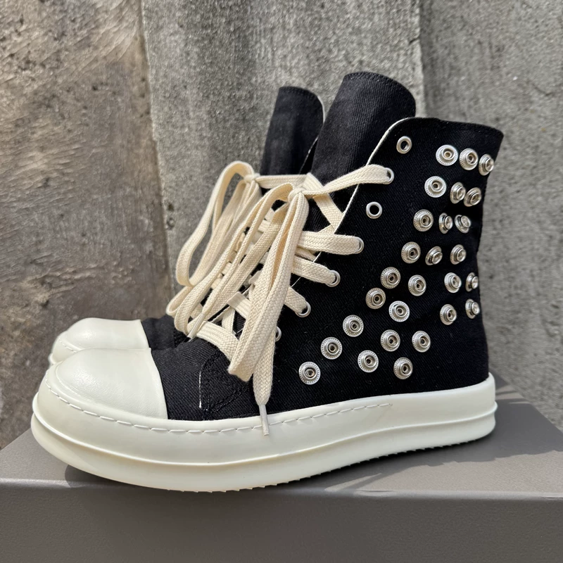 High-Top Lace-Up Canvas Shoes for Men, Fashionable Trendy Sneakers with Eyelet Buckles, Korean Style Double-Stitched Women's Shoes, Versatile Short Boots for Couples