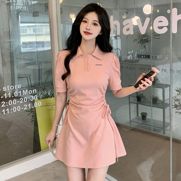 Sweet and Spicy Slim-Fitting Short-Sleeved Polo Collar Buttoned Fashionable Short-Sleeved Dress for Women Spring and Summer New Waist Slimming Look Short Skirt for Women
