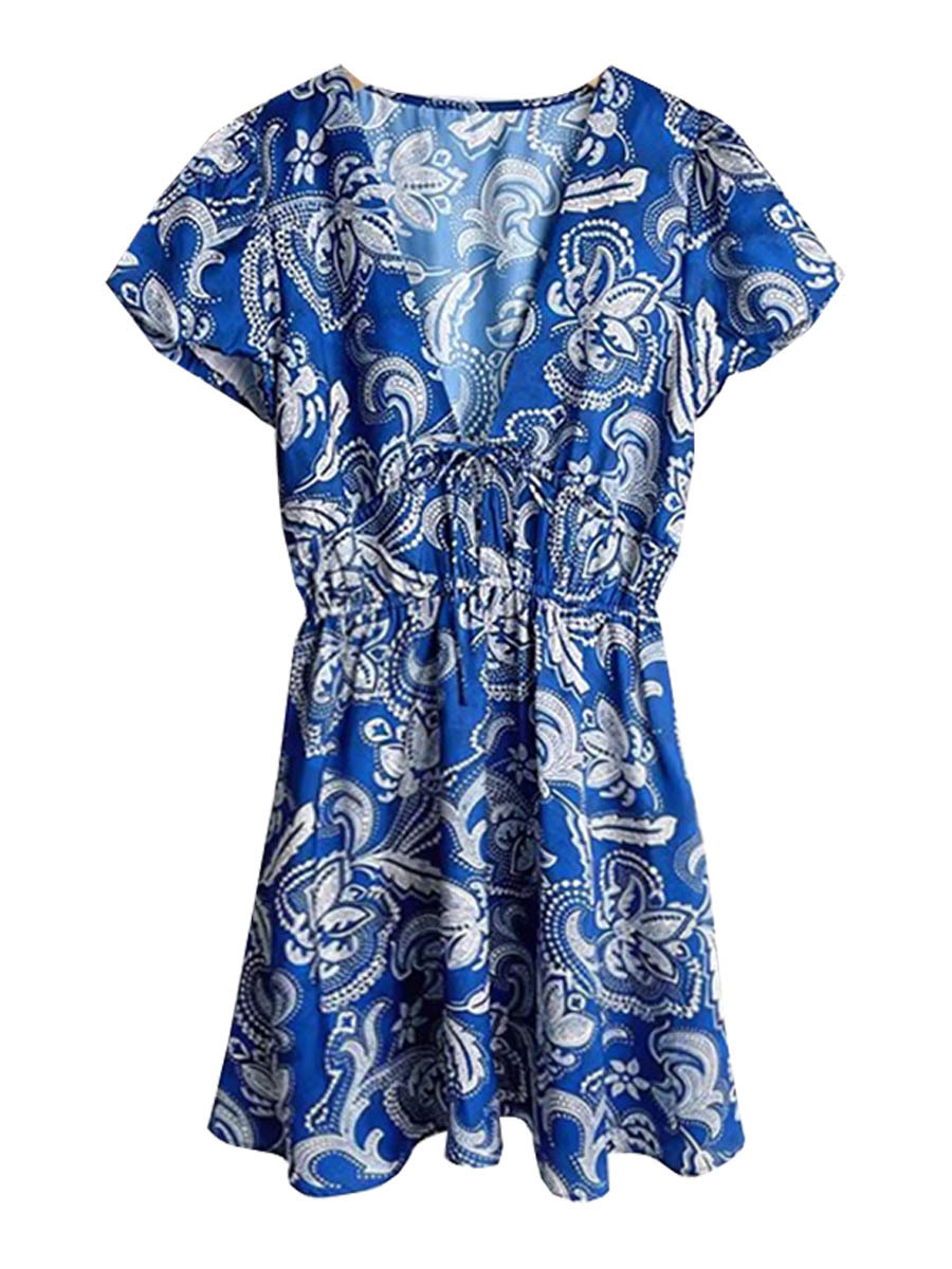 S Brand 2026 Spring/Summer New Holiday Style Printed V-Neck Elegant Dress with High Waist and Slim Fit