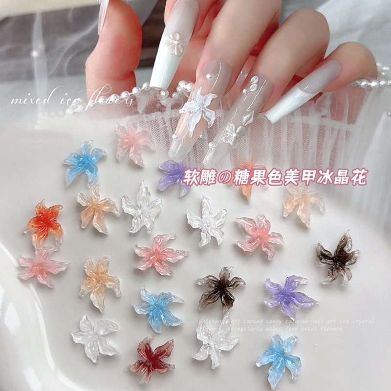 Spring Soft Carved Lily Five-Petal Flower Ice Crystal Flower Nail Art Accessories Ins Fresh Ice Transparent Small Flower Nail Art Accessories