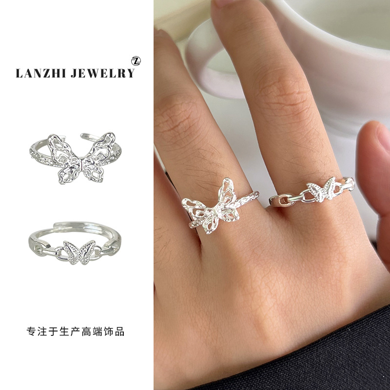 Lanzhi 925 Silver Ring for Women Ins Korean Jewelry Cross-Border Butterfly Niche Design Simple Open Ring Wholesale