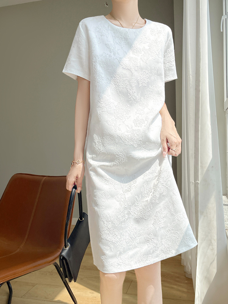 French Short-sleeved dress Straight Loose Summer Satin High-end Retro Jacquard Wide Dress for Petit