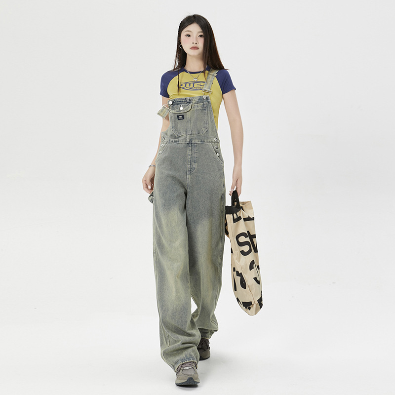 American Mud Yellow Suspender Jeans Women's 2024 Summer New Straight-leg Loose Wide-leg One-piece Cargo Pants