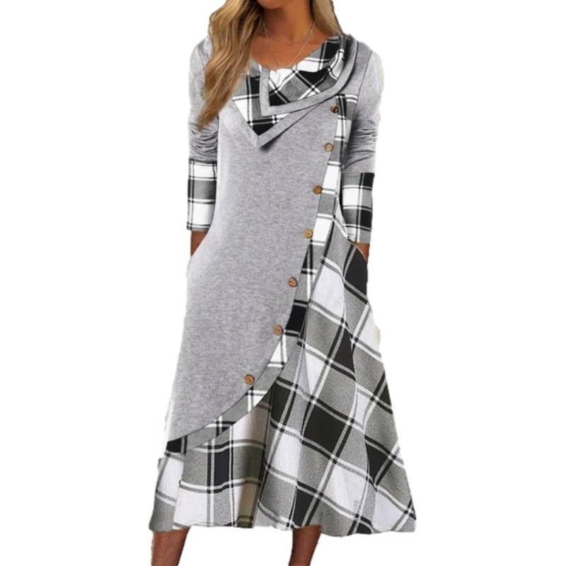 Women's European and American Amazon Printed Plaid Splicing Buttons with Flap Pocket Pantss and Pile Collar Long-Sleeved Dress in Stock