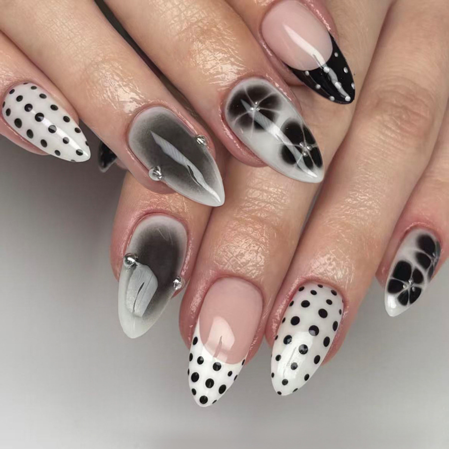 Medium-Sized Glossy Water Drop Nails, European and American Cross-Border Foreign Trade Style, Black and White French Polka Dot Floral Rhinestone Press-On Nails, 24 Pieces