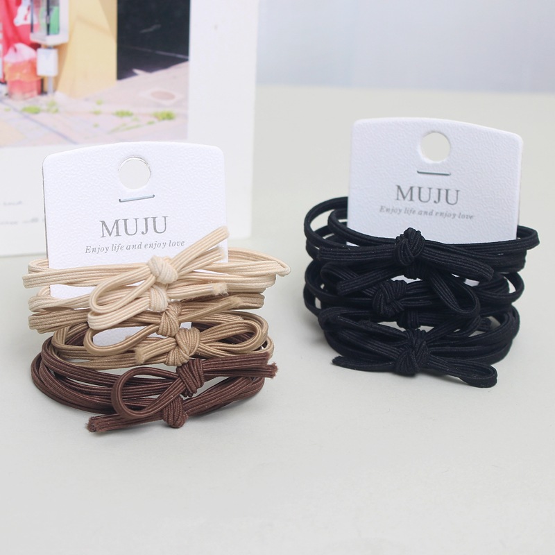 Affordable 6-Piece Set of Hair Ropes, High Elasticity, Two-In-One, Simple Coffee-Colored Knotted Rubber Bands, High-End Card-Mounted Headbands